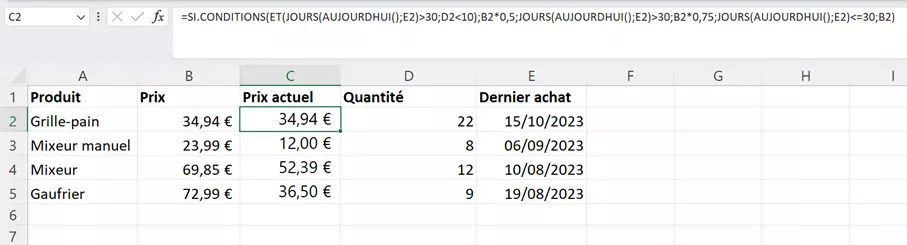 Fonction SI.CONDITIONS dans un exemple de tableau