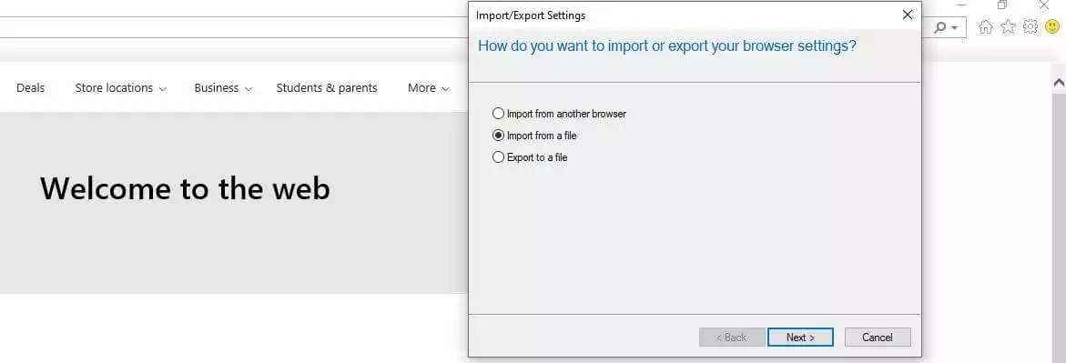 Internet Explorer 11 : paramètres d’importation/exportation