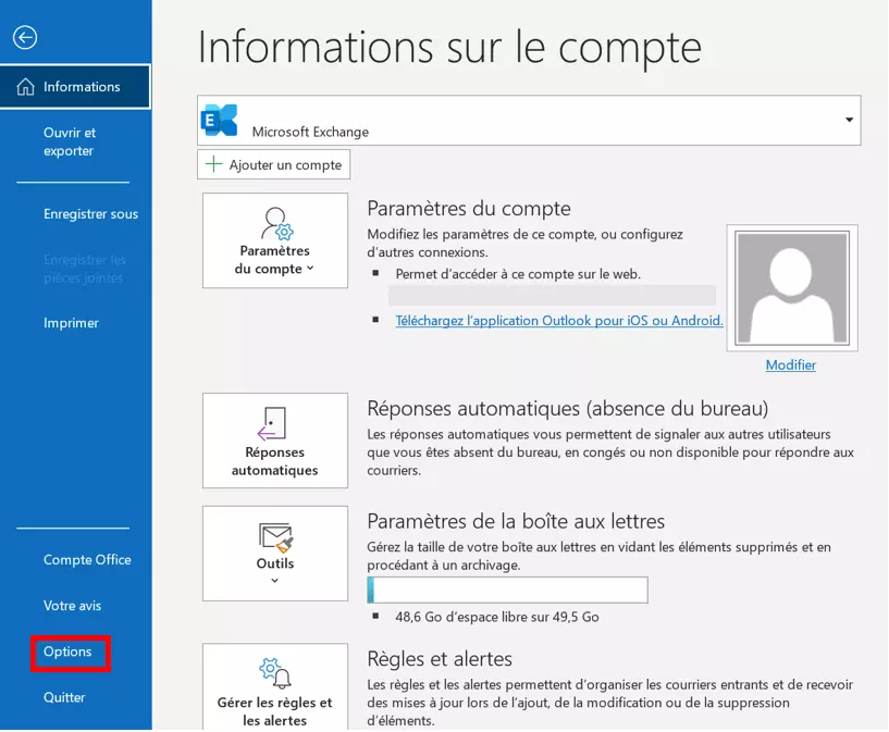 Les options Outlook dans la fenêtre « Informations de compte »