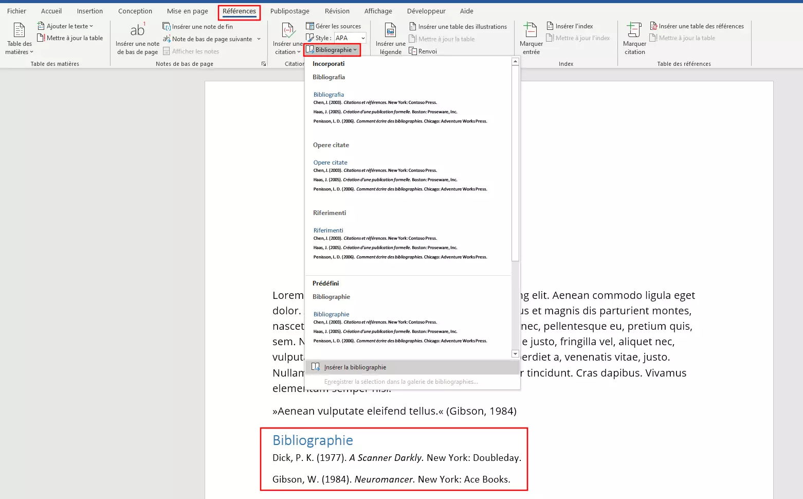 Menu permettant de créer une bibliographie dans Word