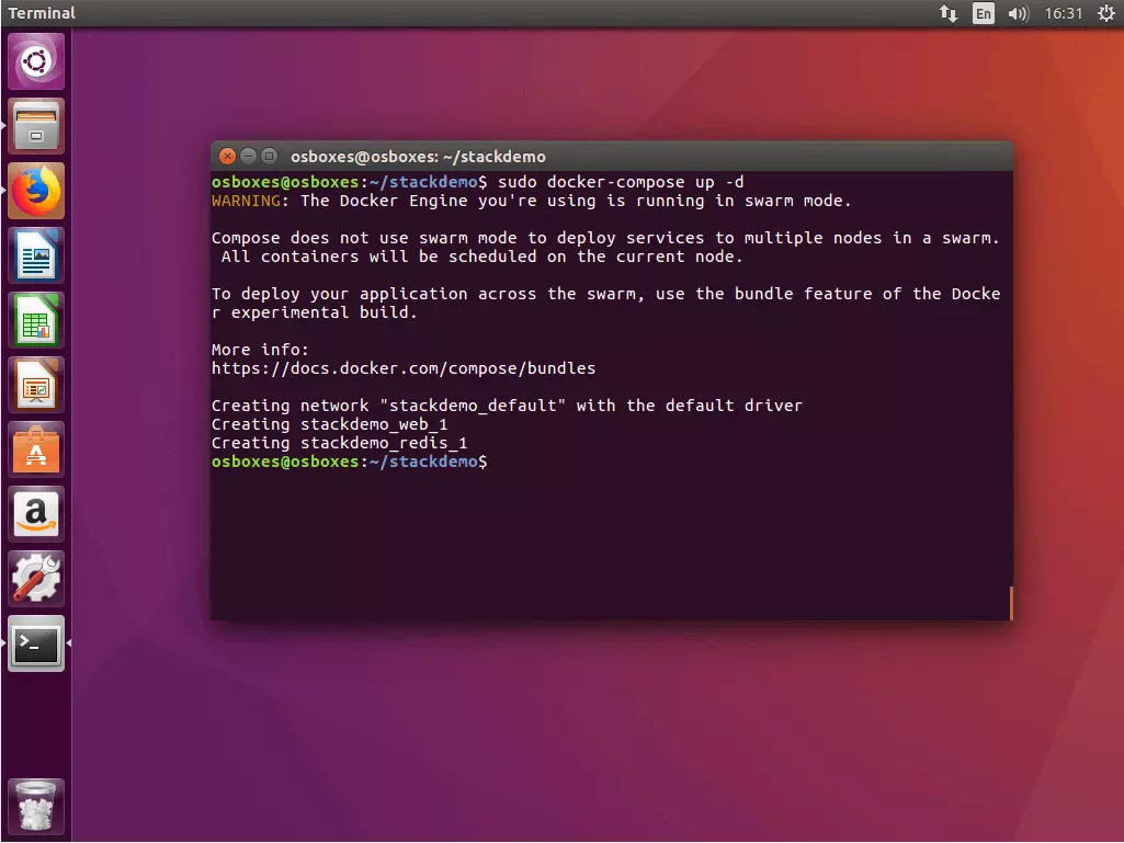 La commande « docker-compose up » dans le terminal Ubuntu