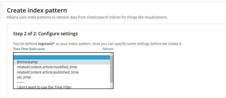 Kibana : menu de configuration du filtre temporel pour le modèle logstash*