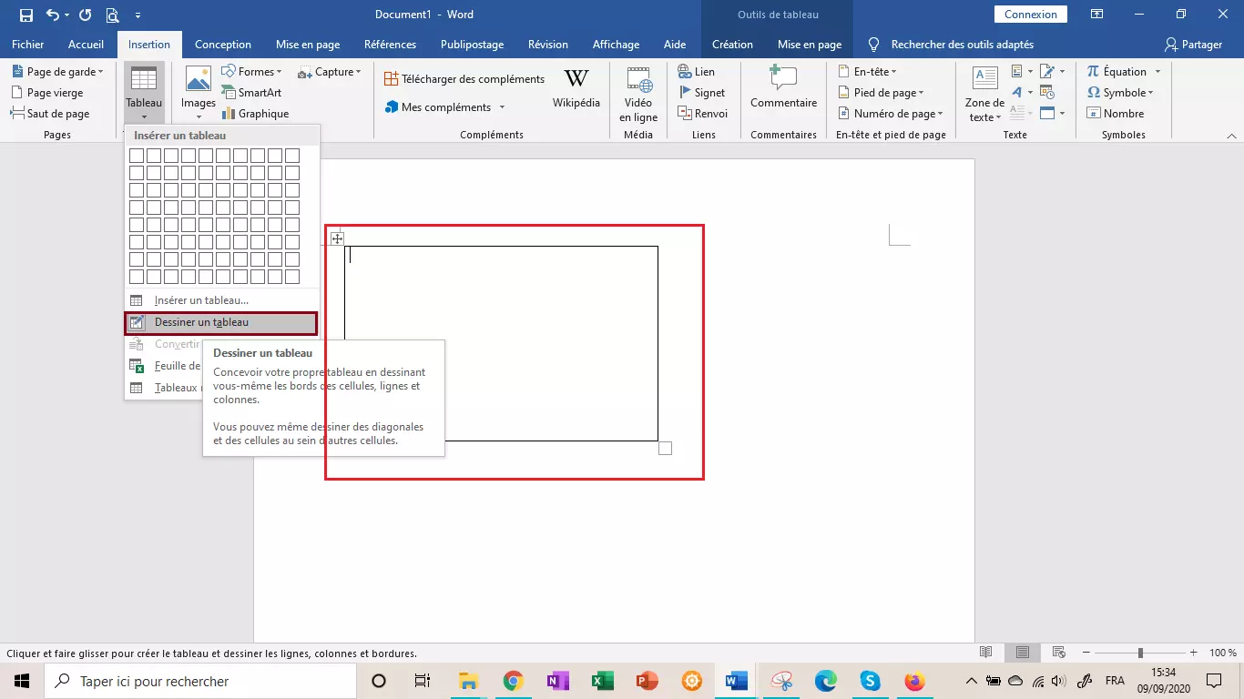 Option « Dessiner un tableau dans Word »