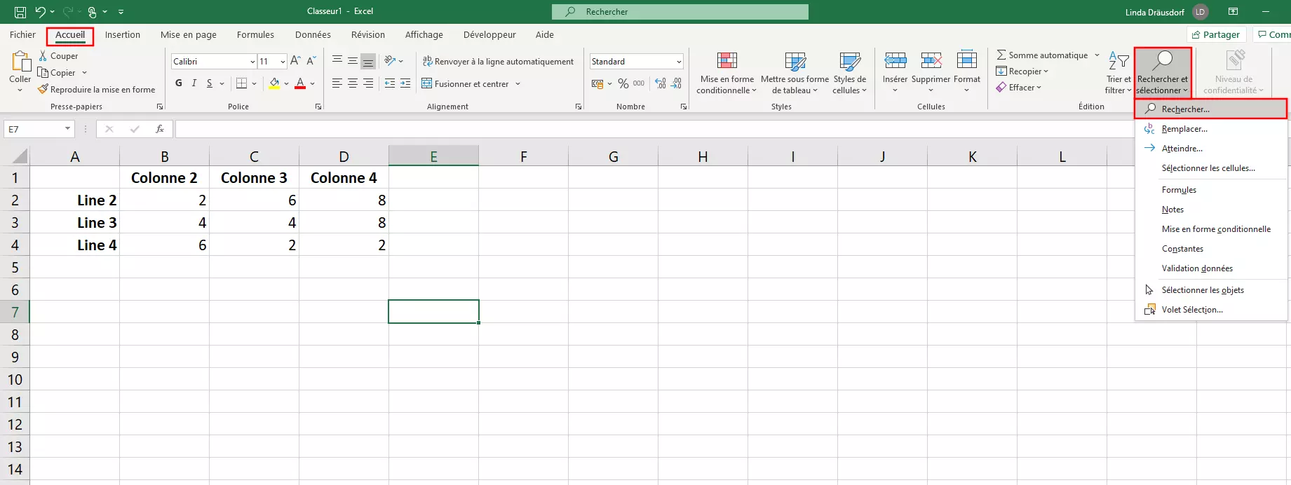 Rechercher et remplacer dans Excel, accès via le menu