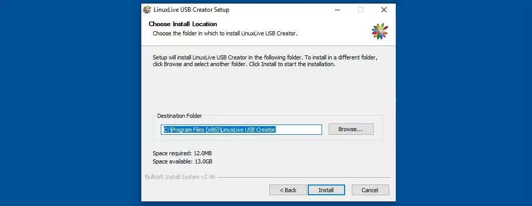 Sélection du chemin d’installation pour LinuxLive USB Creator