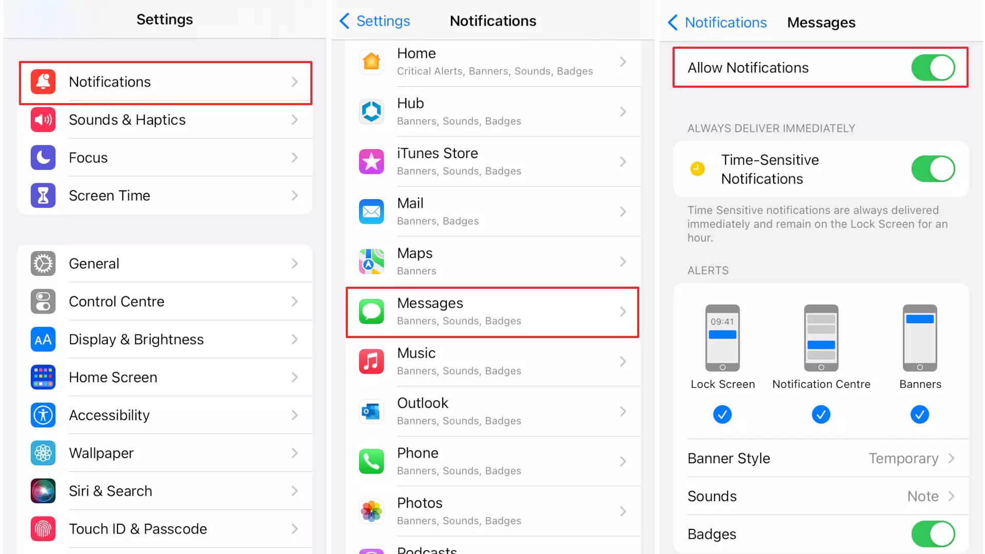 Les paramètres de notification pour les applications sur les appareils Apple