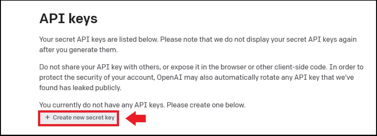 L’option « Create new secret key » (Créer une nouvelle clé secrète) dans le menu des clés API