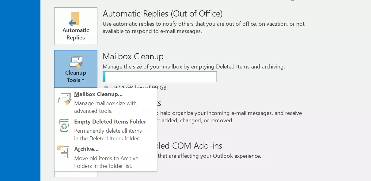 Microsoft Outlook 2016 : menu « Fichier », bouton « Outils de nettoyage »