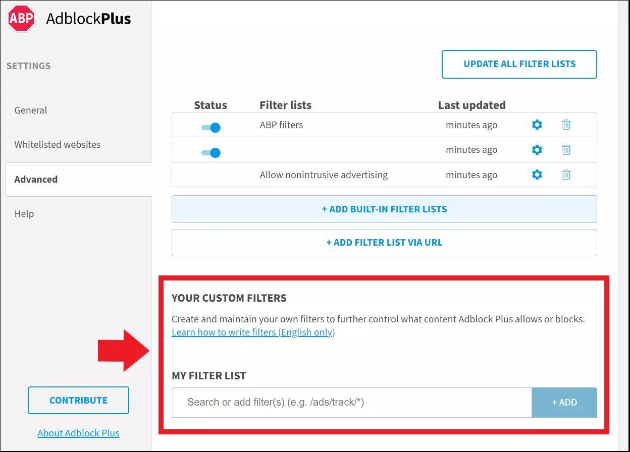 Option des paramètres d’Adblock Plus permettant d’ajouter des exceptions