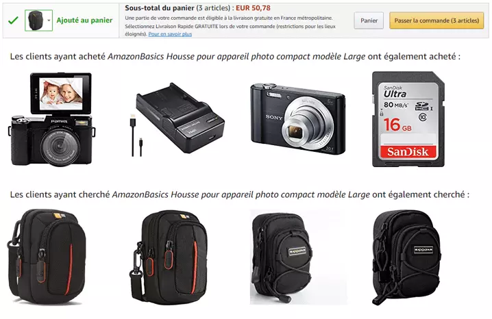 Capture d’écran d’une page produit Amazon présentant différentes recommandations