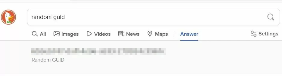 Copie d’écran d’un résultat de recherche DuckDuckGo pour la saisie « random guid »