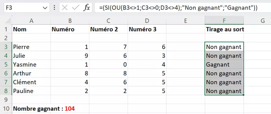 Excel : signe DIFFÉRENT DE dans la combinaison des fonctions SI et OU