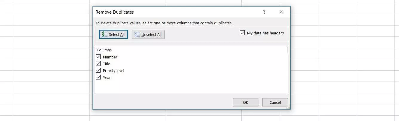 Excel : fenêtre de dialogue Supprimer les doublons ou dans la version anglaise Remove Duplicates