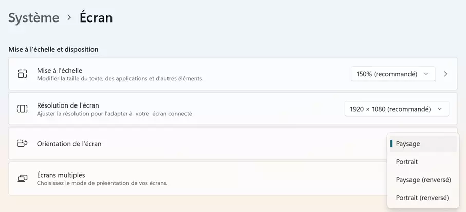 Capture d’écran de l’option « Orientation de l’écran » dans Windows 11