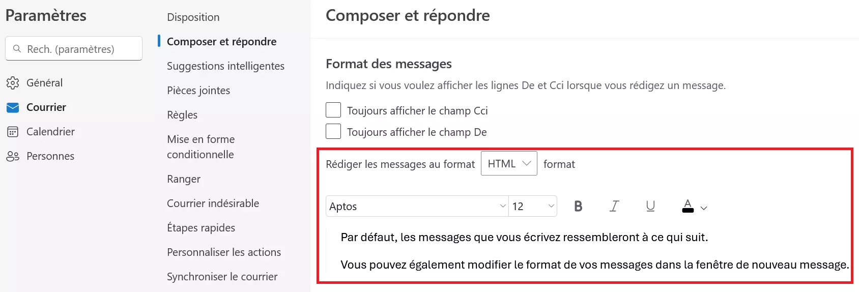 Réglage de la police par défaut de la version Web d’Outlook