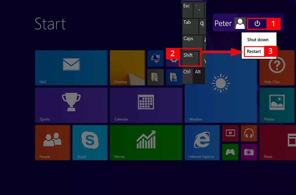 Barre des charmes Windows 8 et option « Redémarrer »