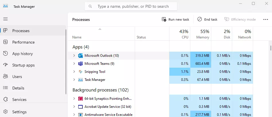 Le processus OUTLOOK.EXE dans le Gestionnaire de tâches