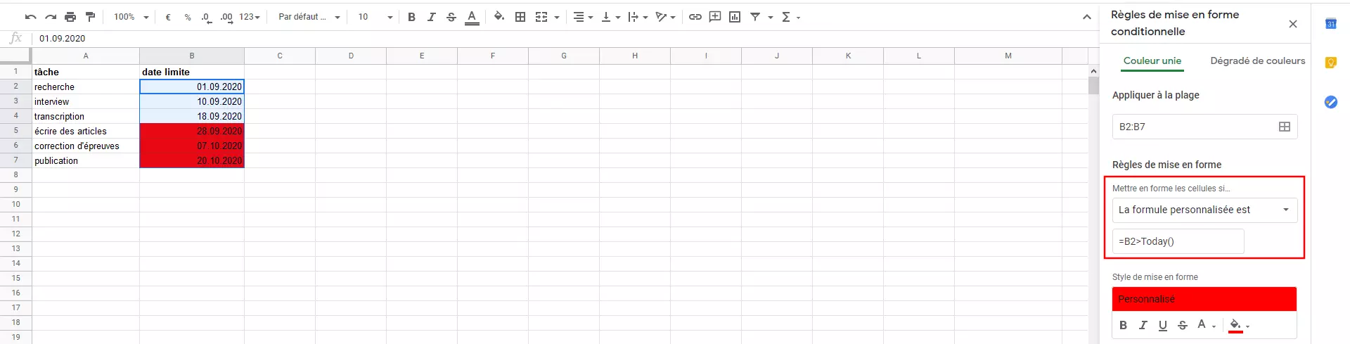 Règles de mise en forme conditionnelle dans Google Sheets