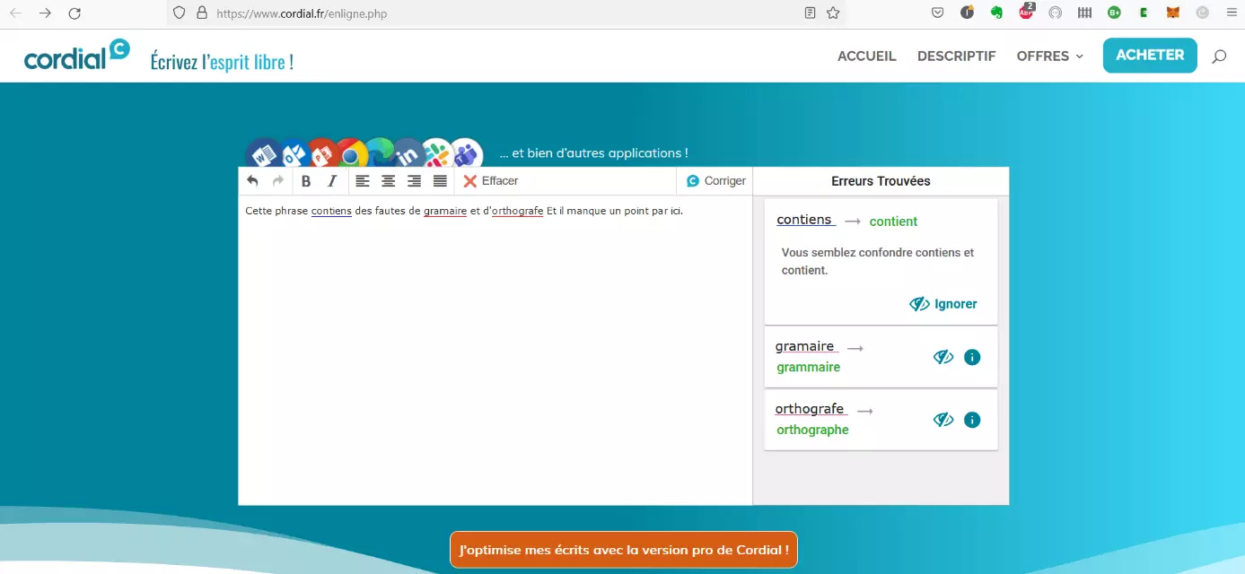 Page d’accueil du correcteur de grammaire Cordial