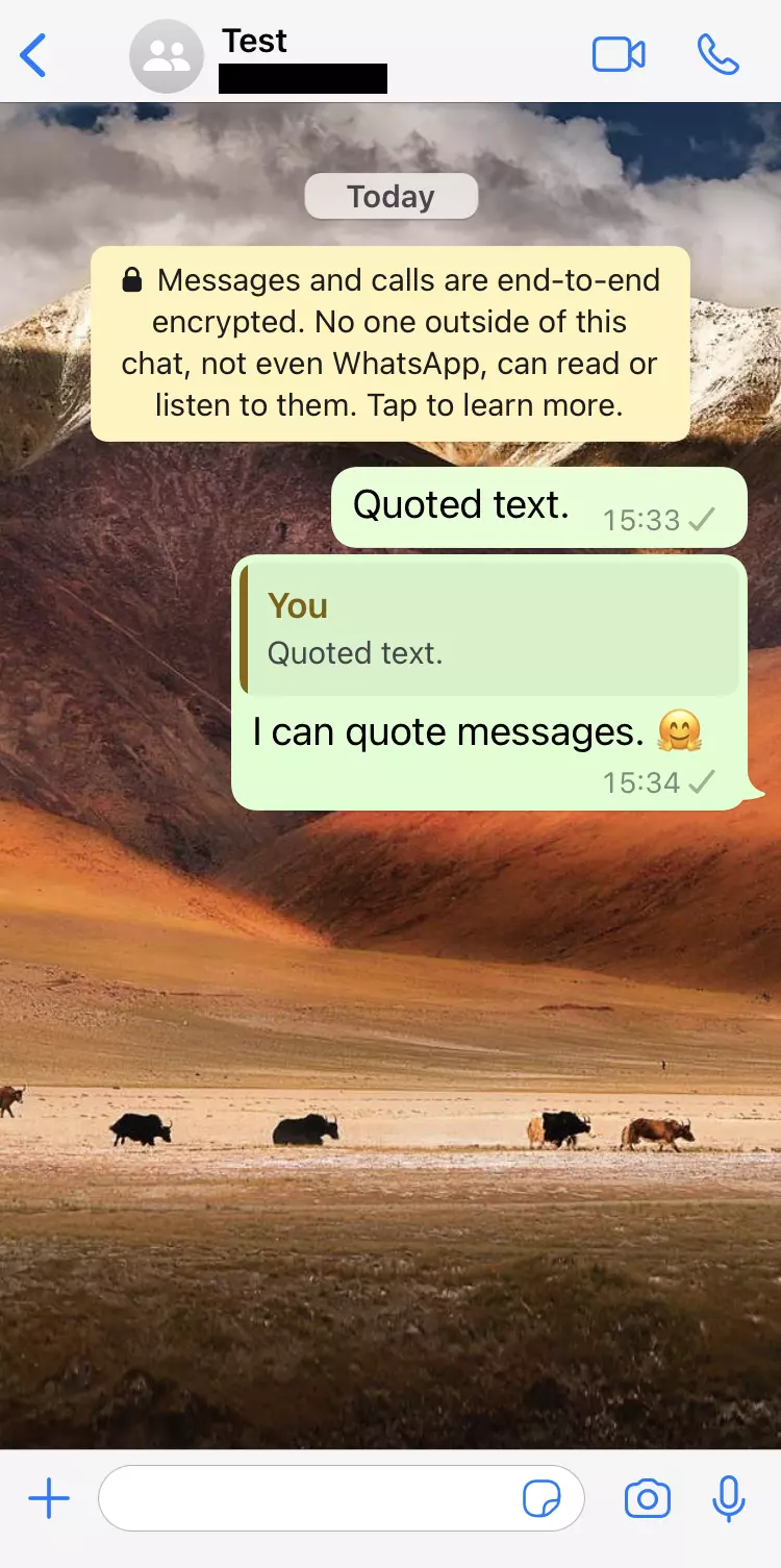 Capture d’écran iPhone d’une conversation WhatsApp avec un message cité