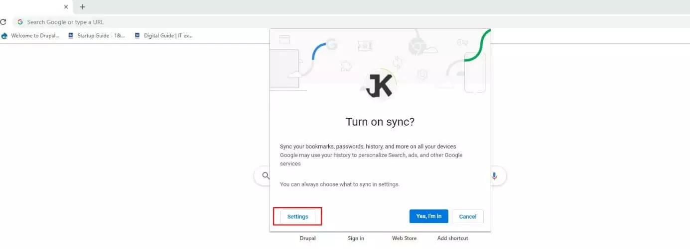 Boîte de dialogue de connexion Chrome « Activer la synchronisation ? »