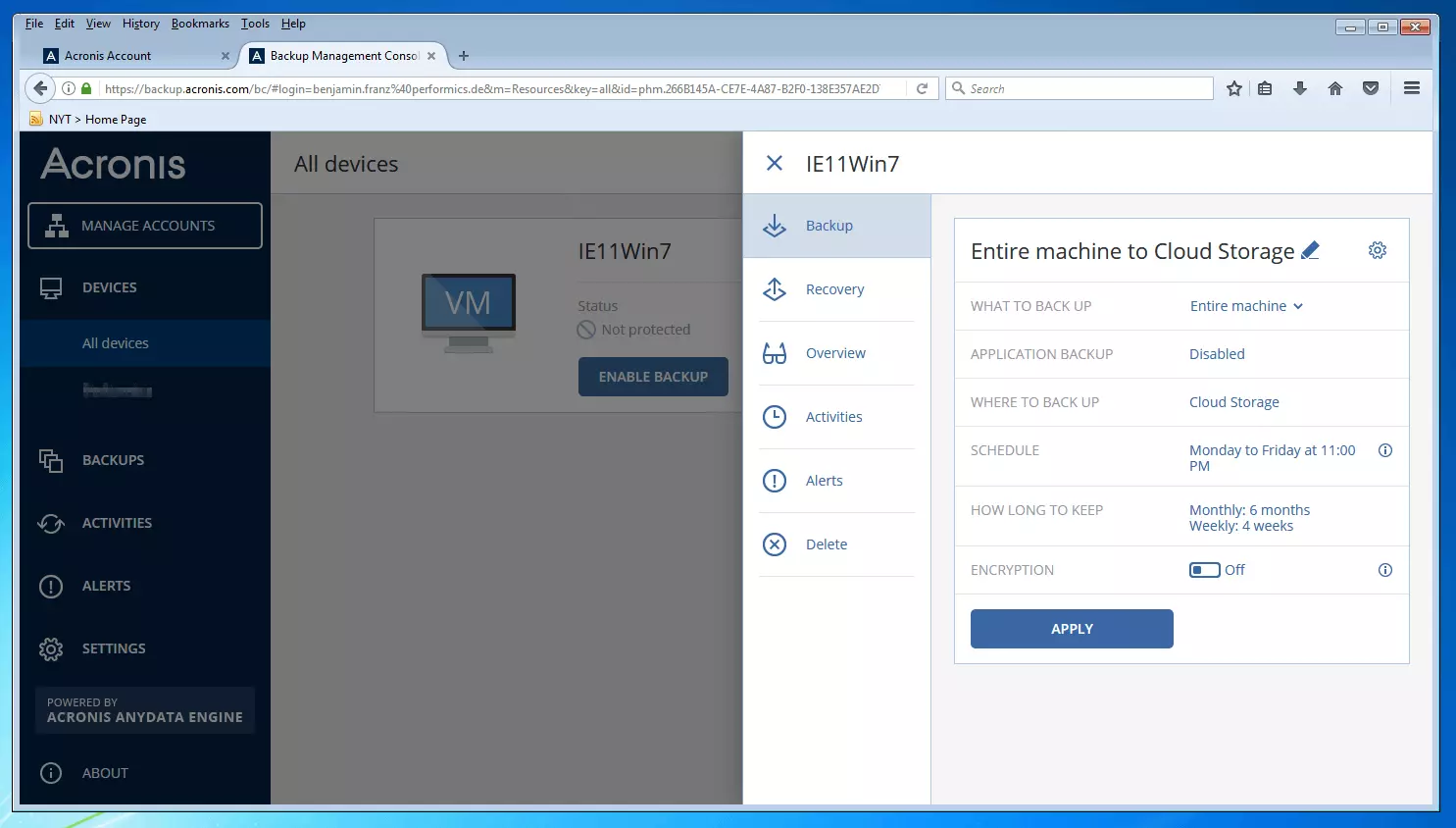 Acronis Backup 12.5 Console de gestion des sauvegardes : menu de création des plans de sauvegarde