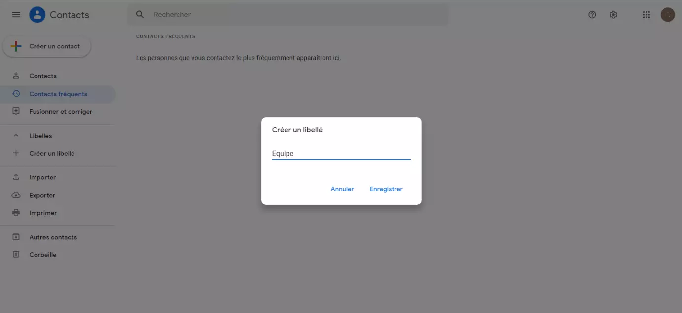Contacts Google : « Créer un libellé »