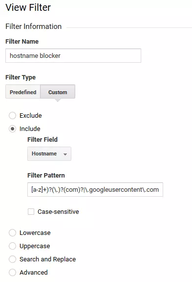 Compte de démo Google Analytics : fonction de filtrage