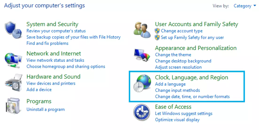 Menu « Date, langue et région » dans panneau de configuration sous Windows 8