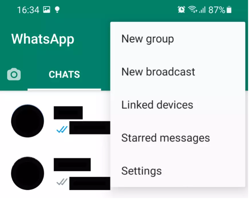 Capture d’écran de WhatsApp avec le menu de navigation ouvert