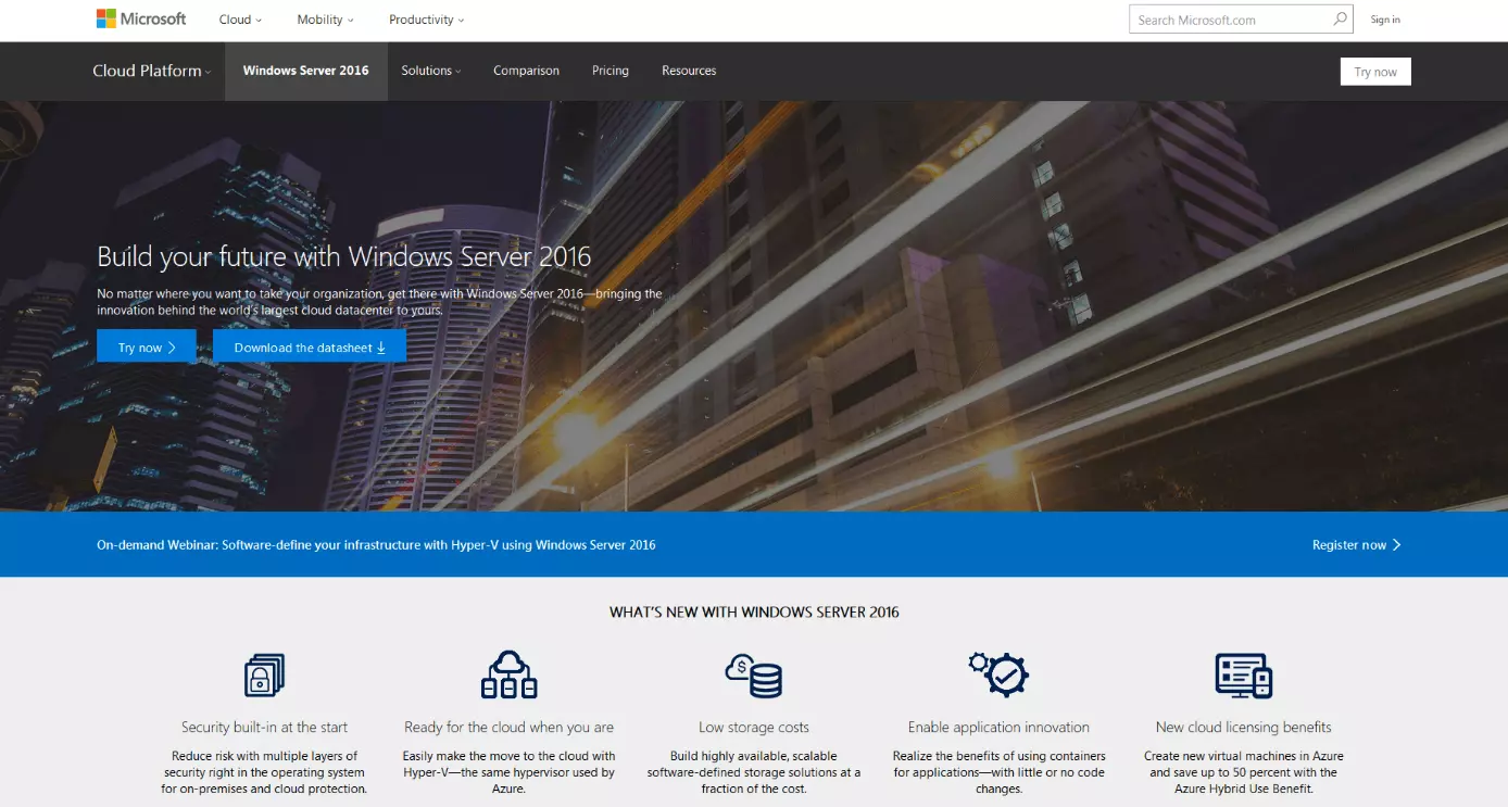 La page produit de Microsoft Windows Server 2016