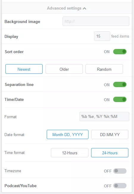 Menu FeedWind : options d’affichage avancées