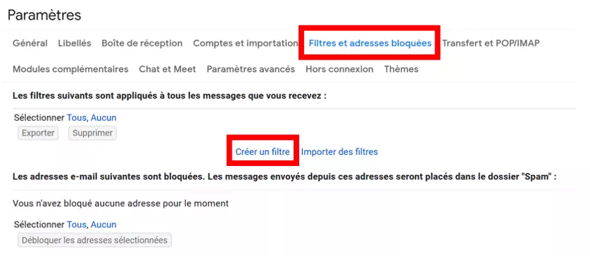 Capture d’écran des paramètres « Filtres » de Gmail