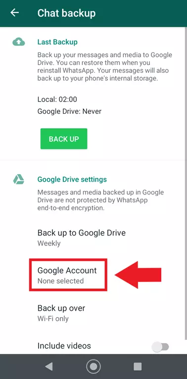 Menu de sauvegarde des discussions WhatsApp avec les paramètres du « Compte Google »