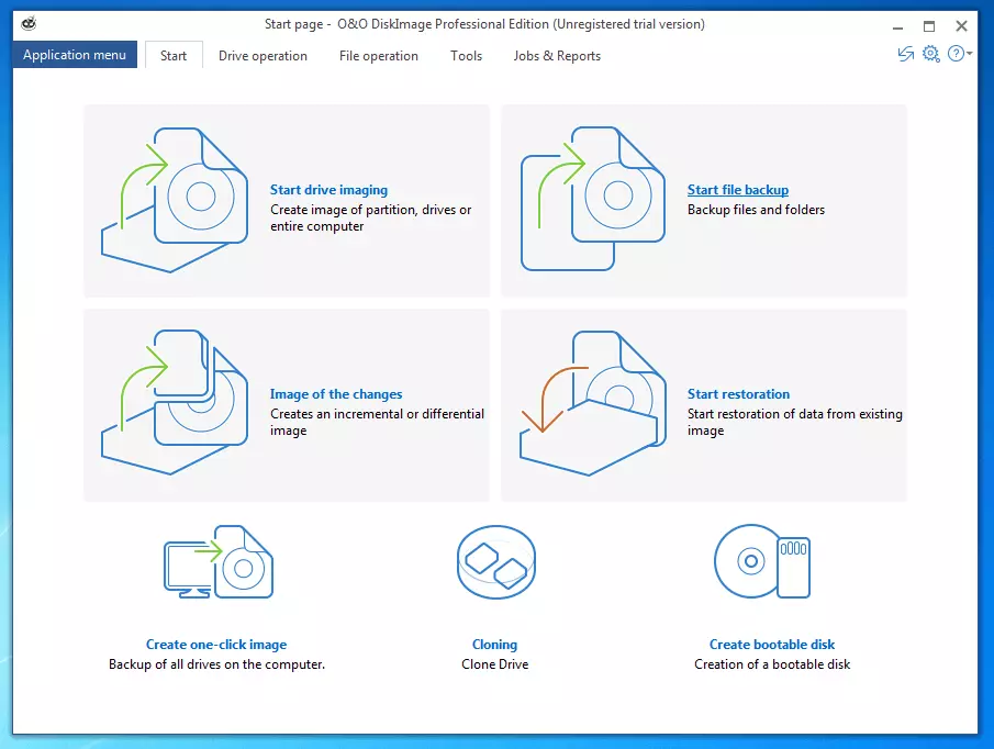 O&O DiskImage Professional 11.0 : écran de démarrage de l’outil d’image de disque