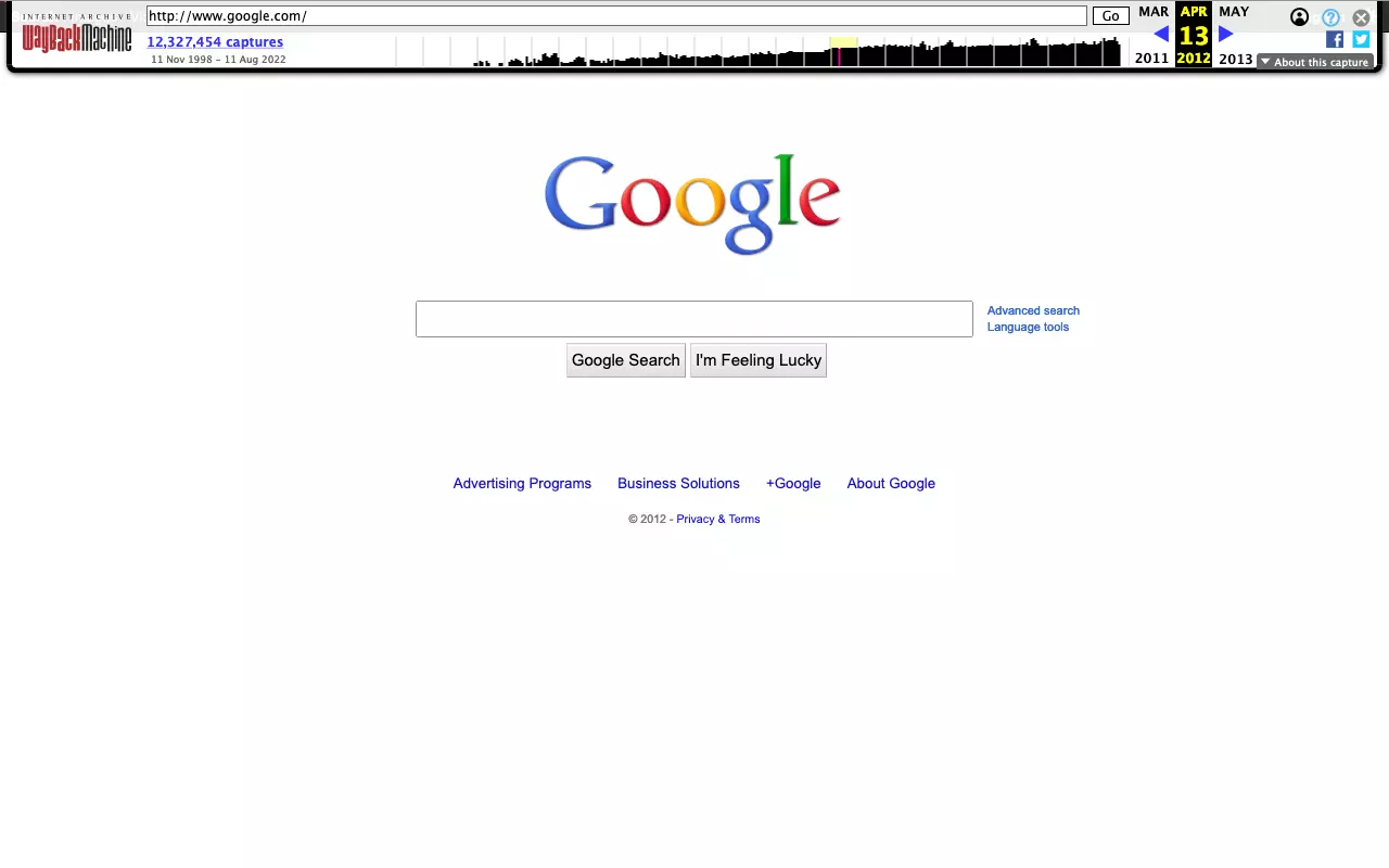 Version archivée de la page d’accueil Google de 2012