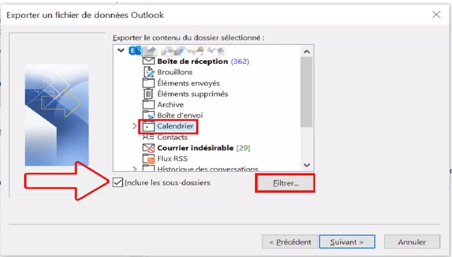 Assistant d’importation et d’exportation Outlook : sélection des données pour exportation