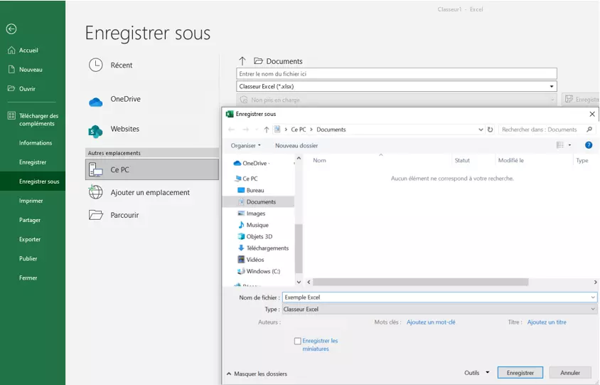 Fenêtre d’enregistrement « Enregistrer sous » dans Excel