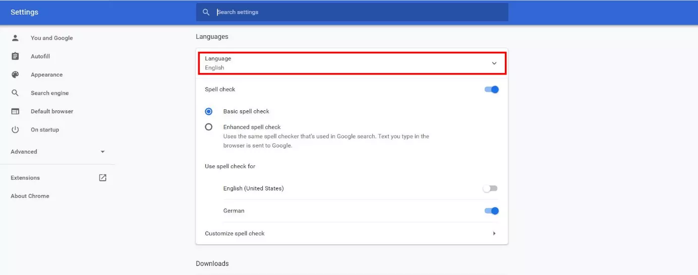 Menu « Langues » dans les réglages du navigateur Google Chrome