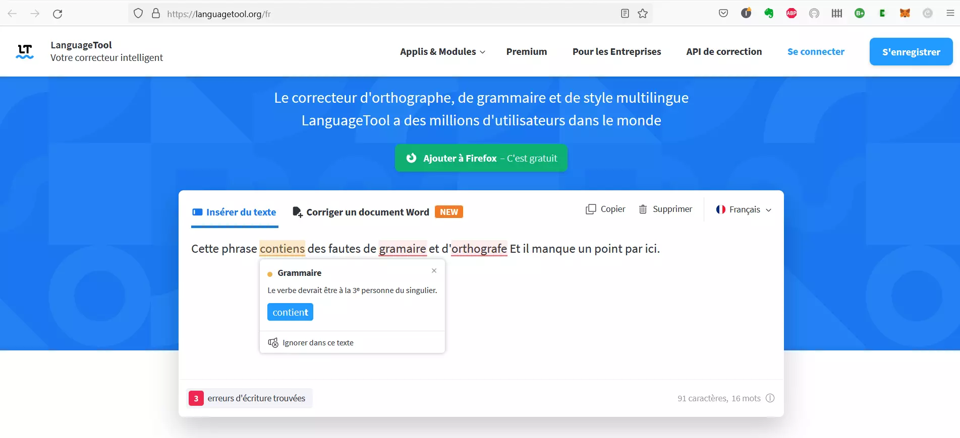 Page d’accueil du correcteur de grammaire LanguageTool