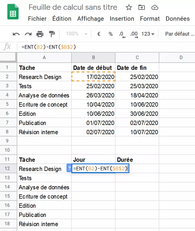 Formule insérée dans Google Sheets