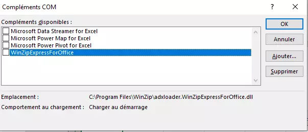 Fenêtre permettant de désactiver les compléments COM dans Excel
