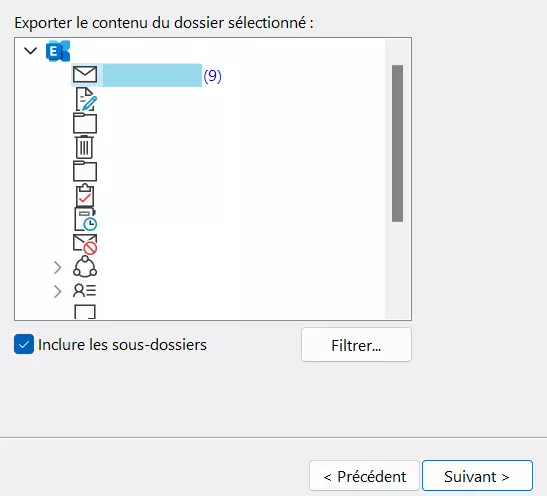 Outlook : sélection des dossiers à exporter dans l’assistant d’import/export