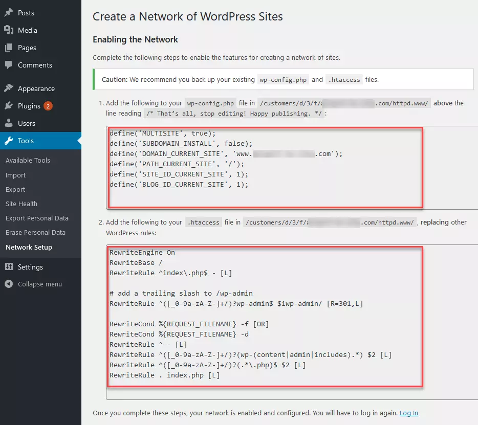 Outils – Installation réseau : section de code pour activer le réseau