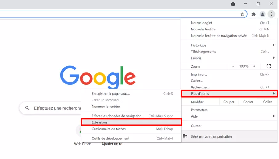 Élément de menu « Extensions » dans le menu rapide de Chrome