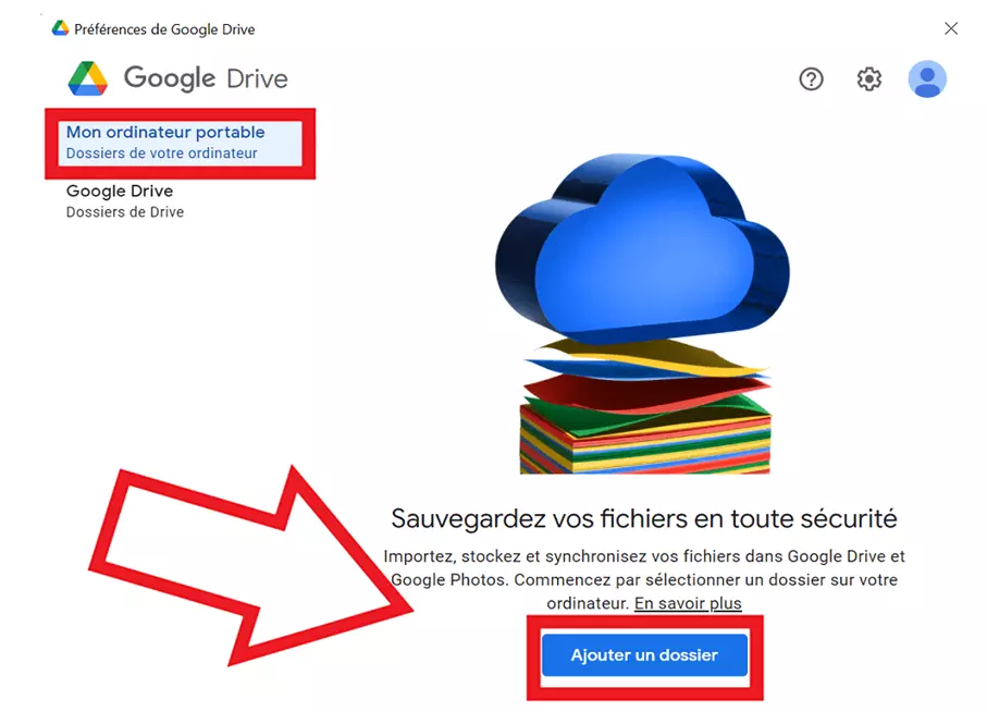 Allez à « Mon Ordinateur portable » puis « Ajouter un dossier » pour sélectionner des fichiers locaux que vous souhaitez sauvegarder