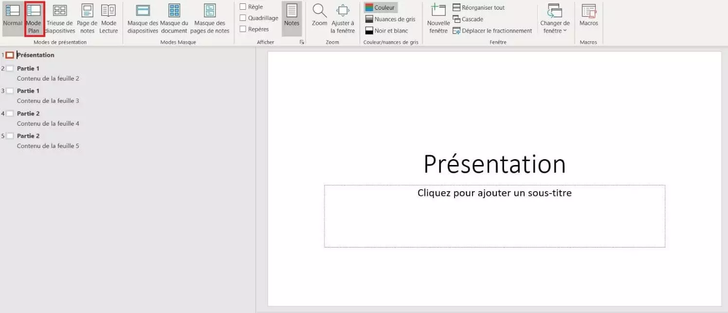 Ouvrir le mode plan de PowerPoint