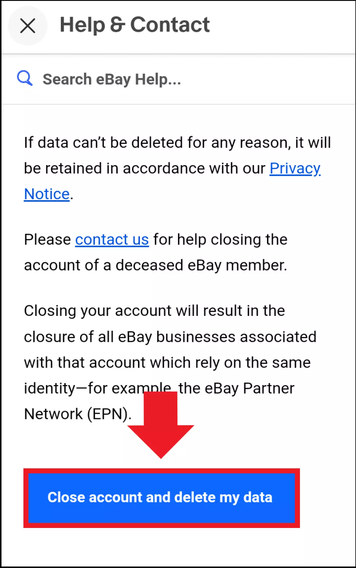 Capture d’écran de la page d’aide d’eBay avec le bouton « Fermer le compte »