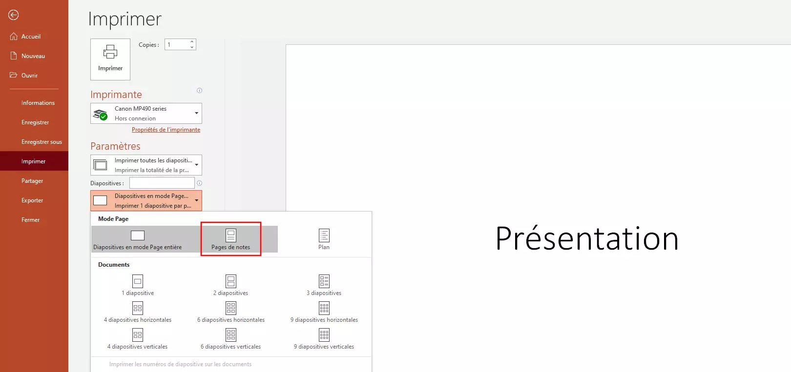 Imprimer les présentations PowerPoint avec les notes : paramètres du menu d’impression