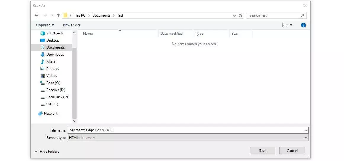 Boîte de dialogue « Enregistrer sous » dans Microsoft Edge (Windows 10)